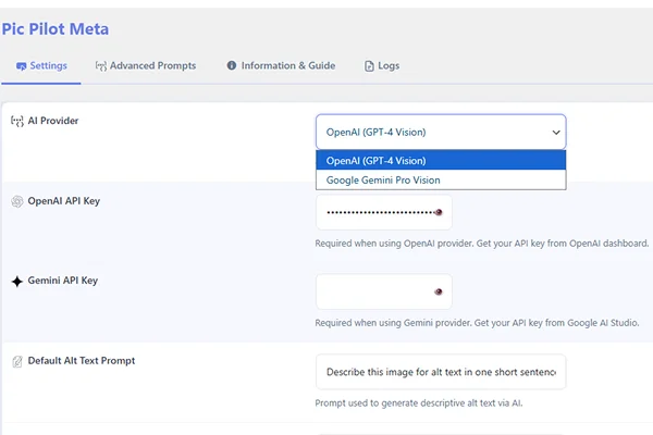 Pic Pilot Meta settings page showing AI provider options - OpenAI GPT-4o and Google Gemini Pro Vision