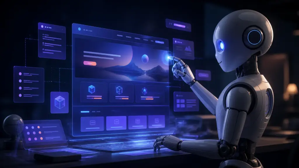 Humanoid AI robot assembling a glowing website interface on a laptop in a futuristic blue and purple workspace.