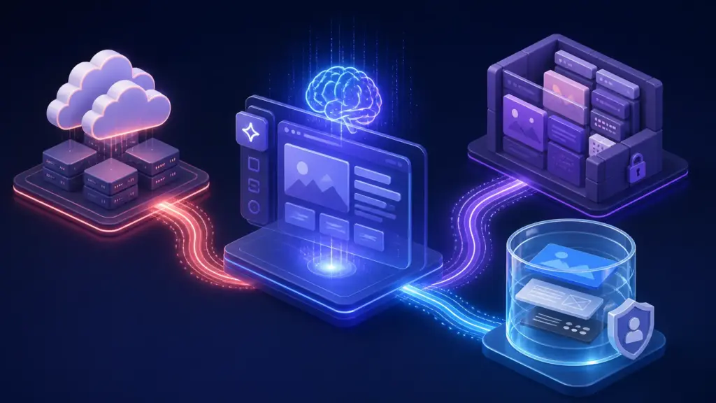 Editorial illustration of an AI page editor routing WordPress content to cloud hosting, a locked page builder, and an owner-controlled database.