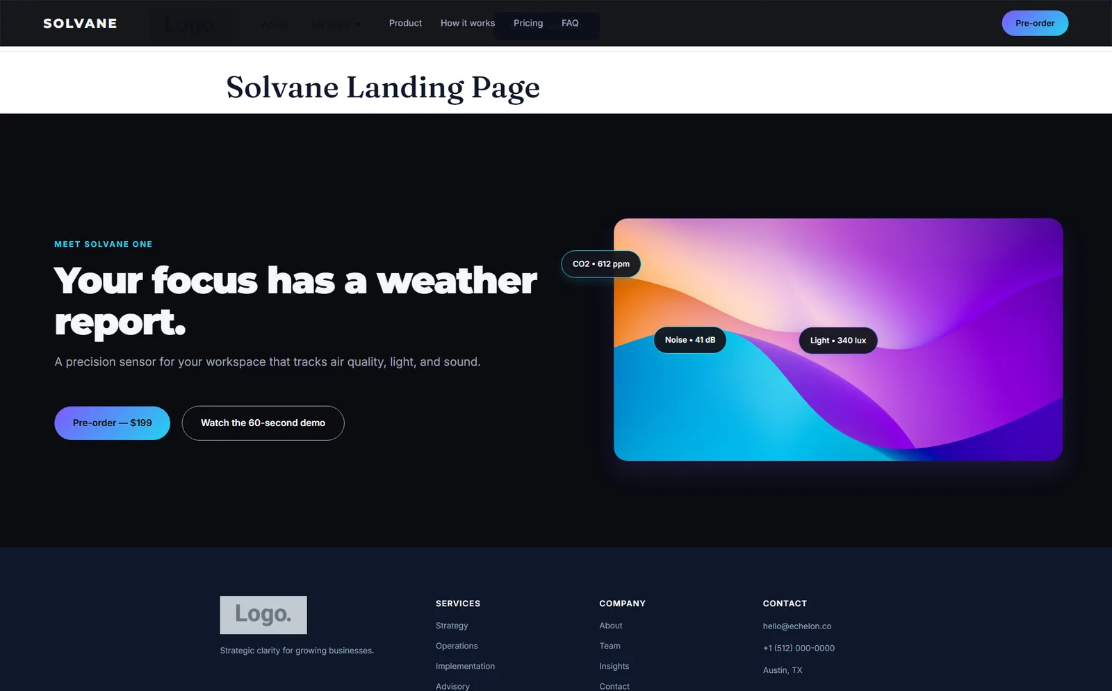 Angie's published Solvane page: a navigation bar overlapping the theme's own header, a hero with a gradient image, and then the footer