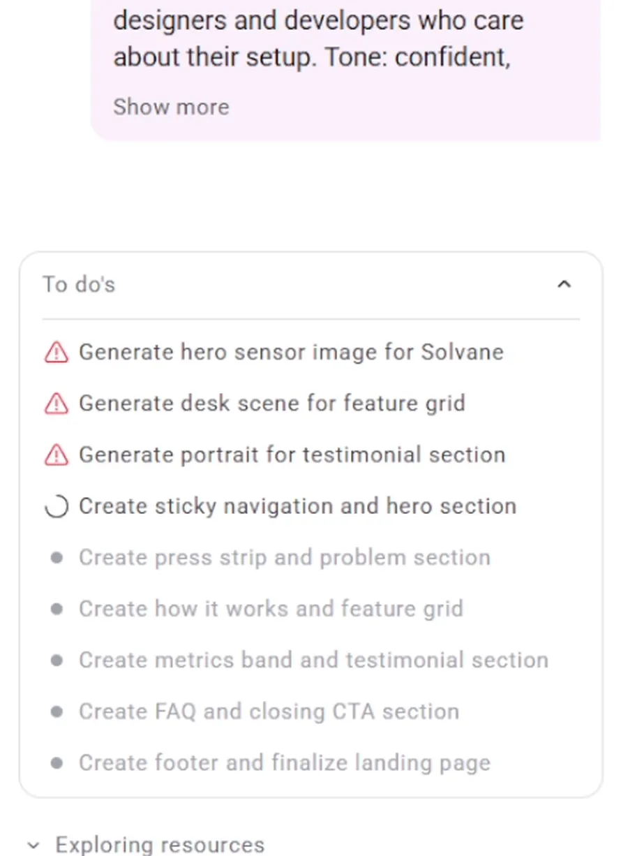 Angie's task list showing warning icons on three image tasks and a spinner on the first section