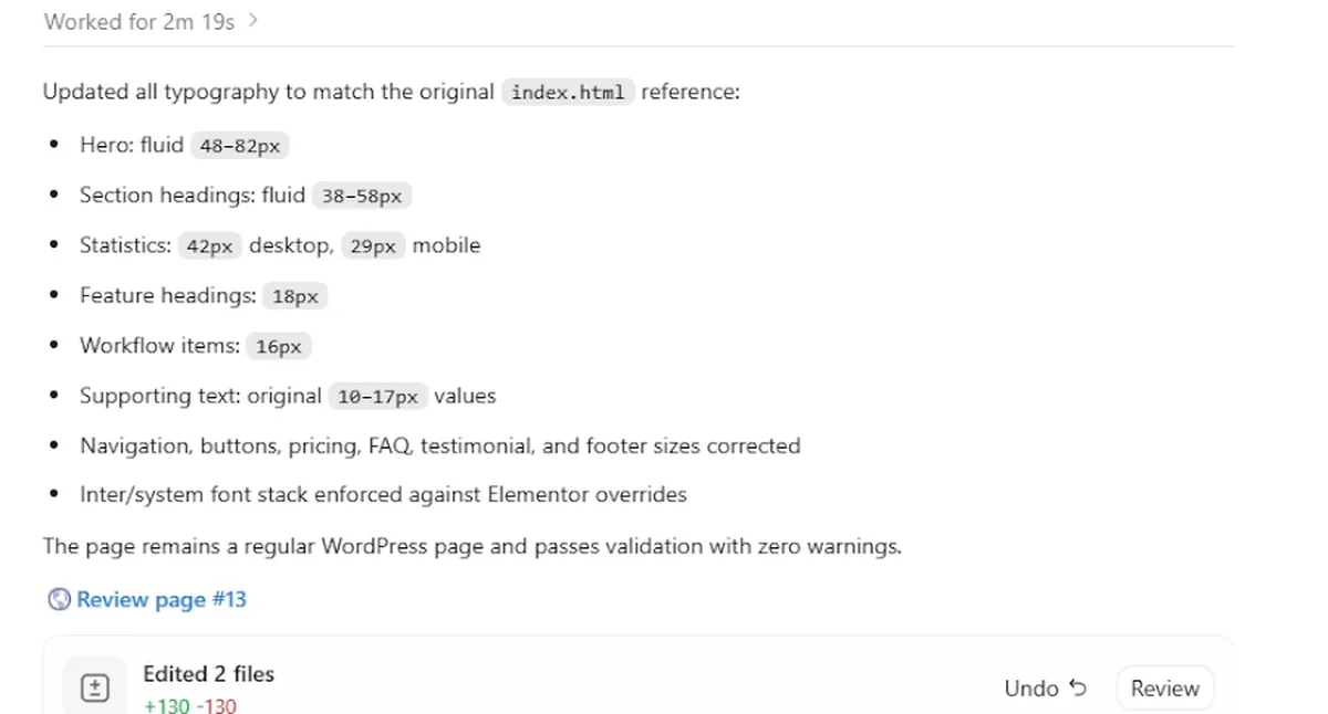 Fourth Codex report, Worked for 2m 19s, listing the rebuilt type scale and the Inter font stack enforced against Elementor