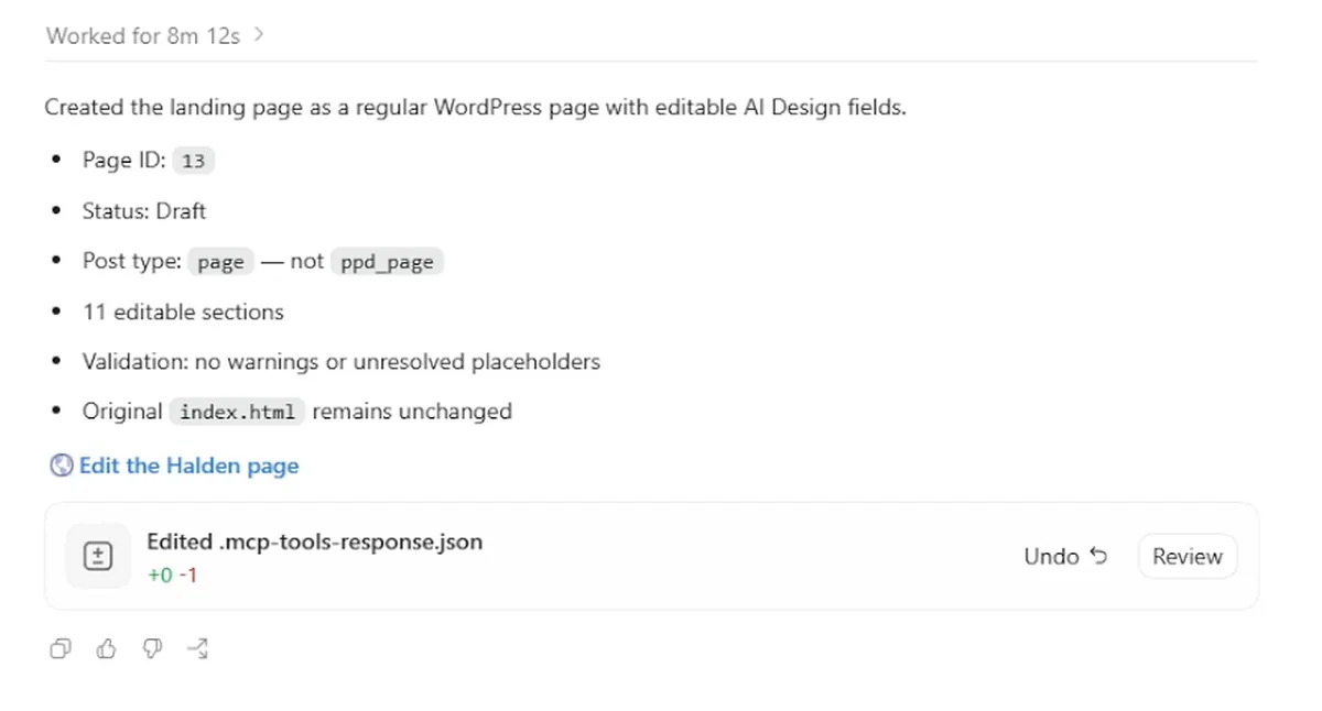 Codex report reading Worked for 8m 12s, listing page ID 13, status draft, post type page, eleven editable sections and clean validation