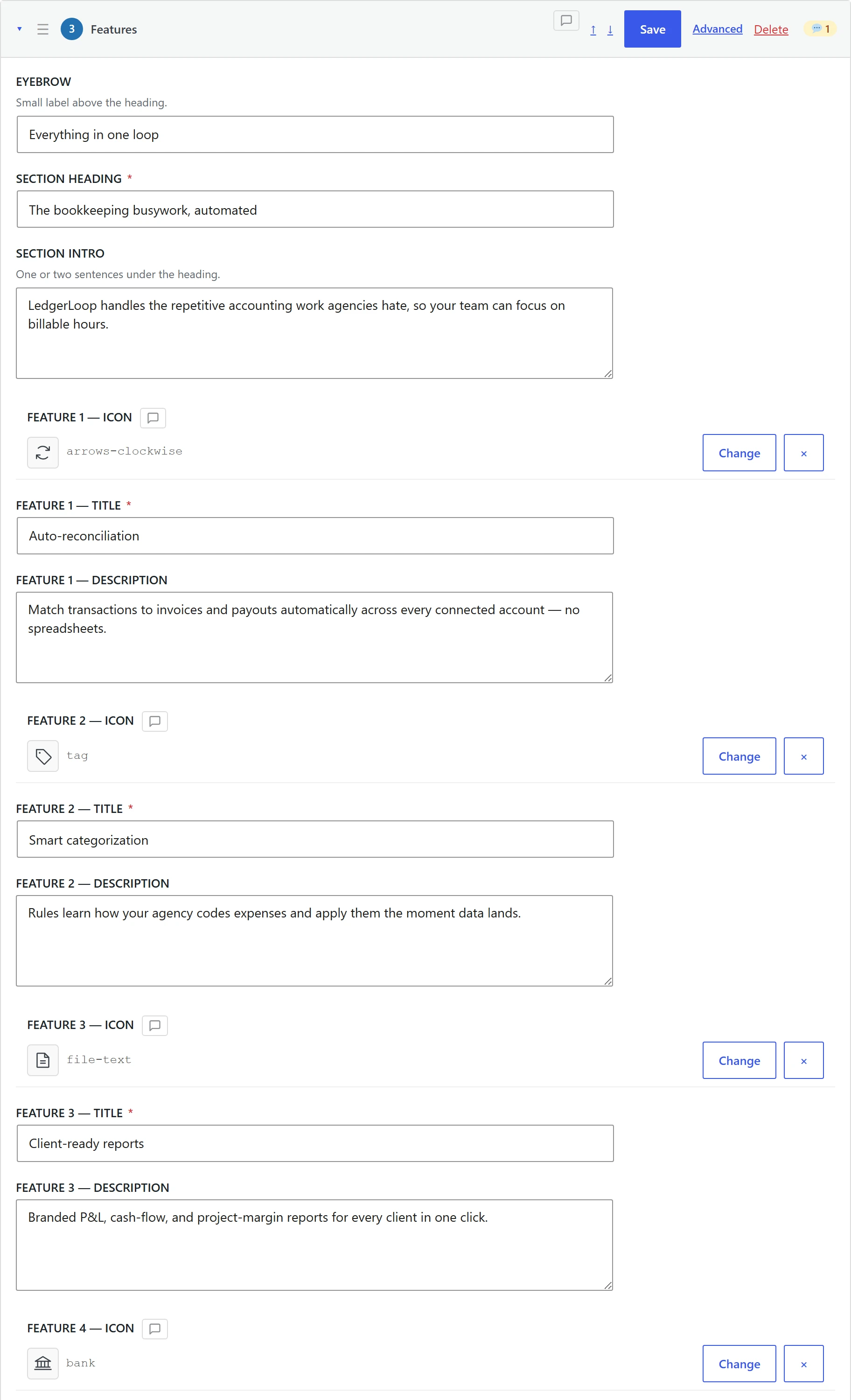 NoLeemits AI Design Content Mode showing labelled text, icon and textarea fields for a features section