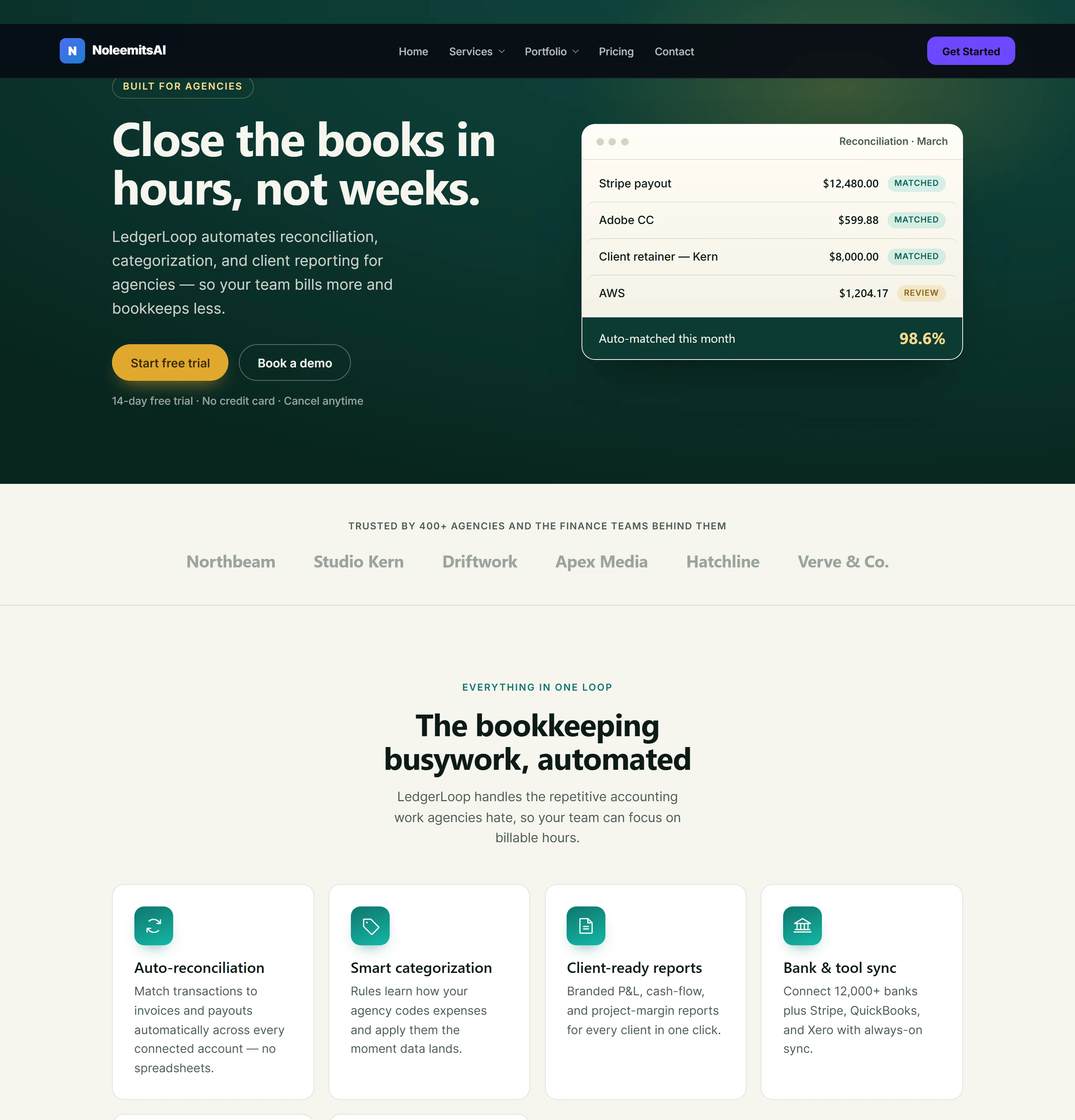 A full marketing page designed with NoLeemits AI Design — hero, logo strip, feature grid, comparison table, pricing and FAQ