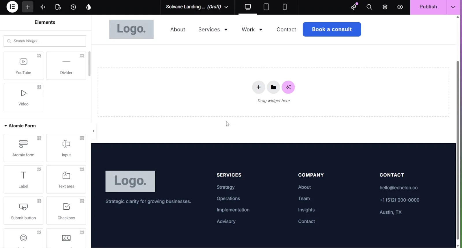 The Elementor editor showing the Solvane page with a heading, the theme header and footer, and one empty container