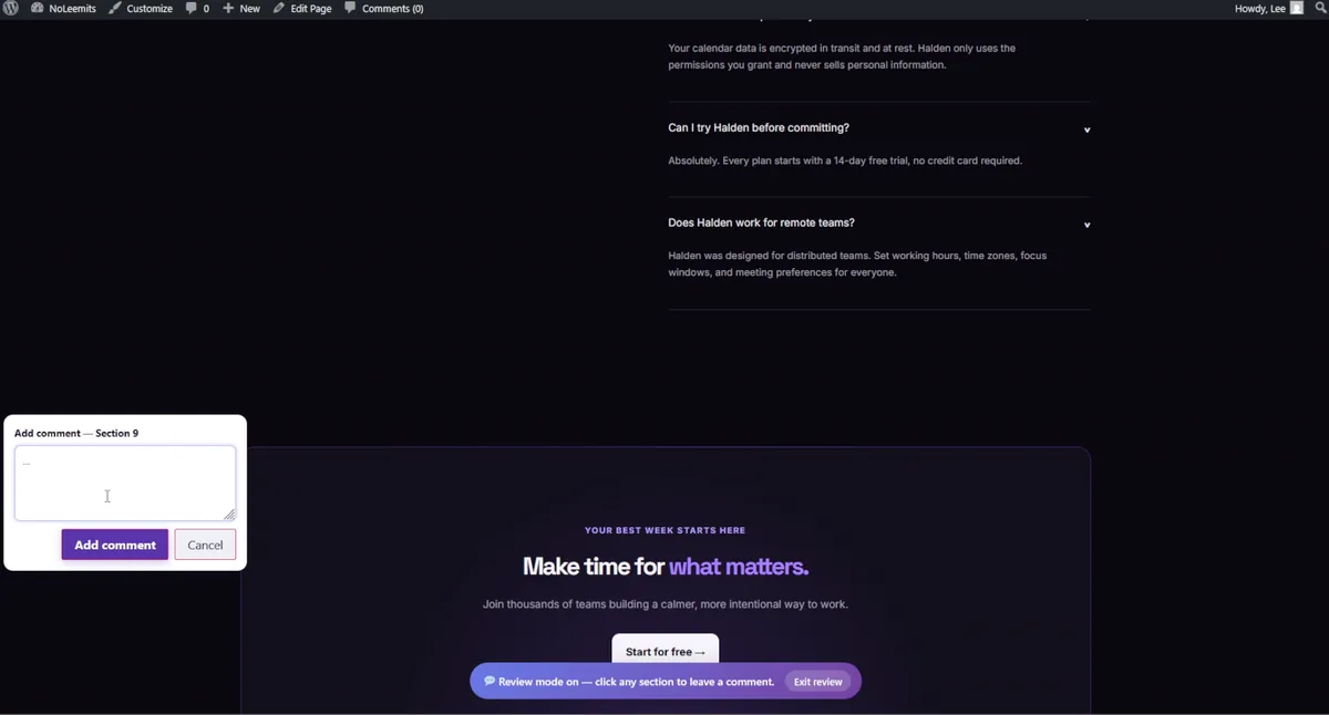 The page in review mode with an Add comment box open on section 9 and a bar reading Review mode on, click any section to leave a comment