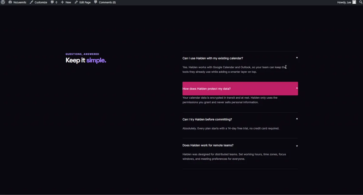 The Halden FAQ with one row highlighted in bright pink on hover, clashing with the dark violet palette around it