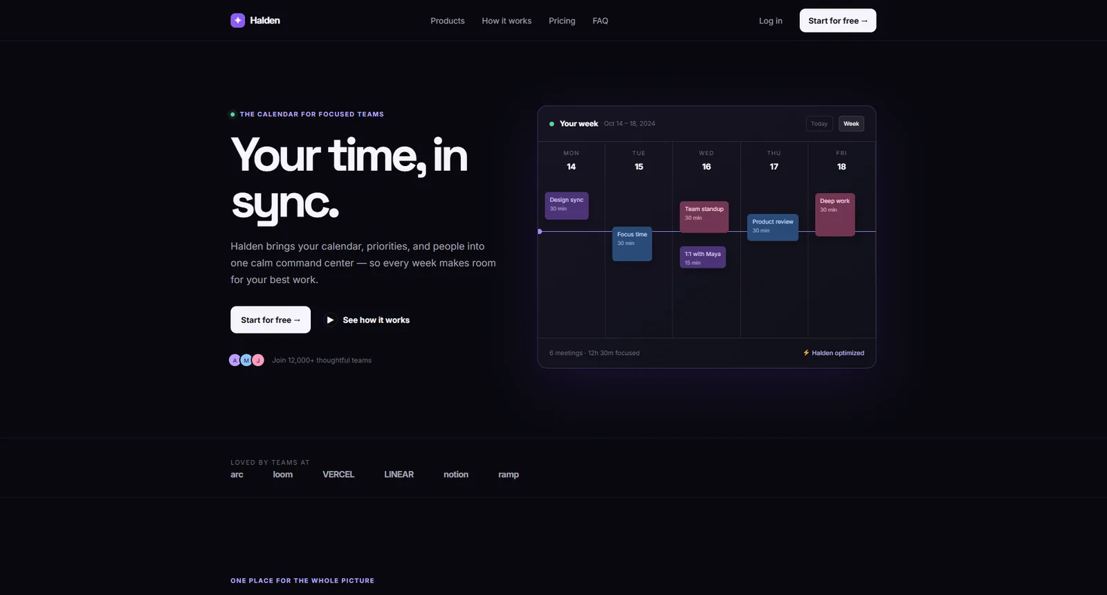 Finished Halden landing page in WordPress: white headline reading Your time, in sync, with a weekly calendar mockup beside it