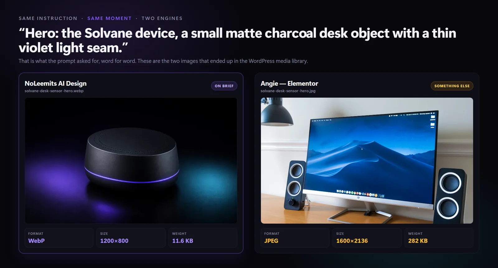Side by side: a dark matte charcoal sensor with a violet light seam, 1200x800 WebP at 11.6 KB, against a stock photo of a monitor on a wooden desk, 1600x2136 JPEG at 282 KB