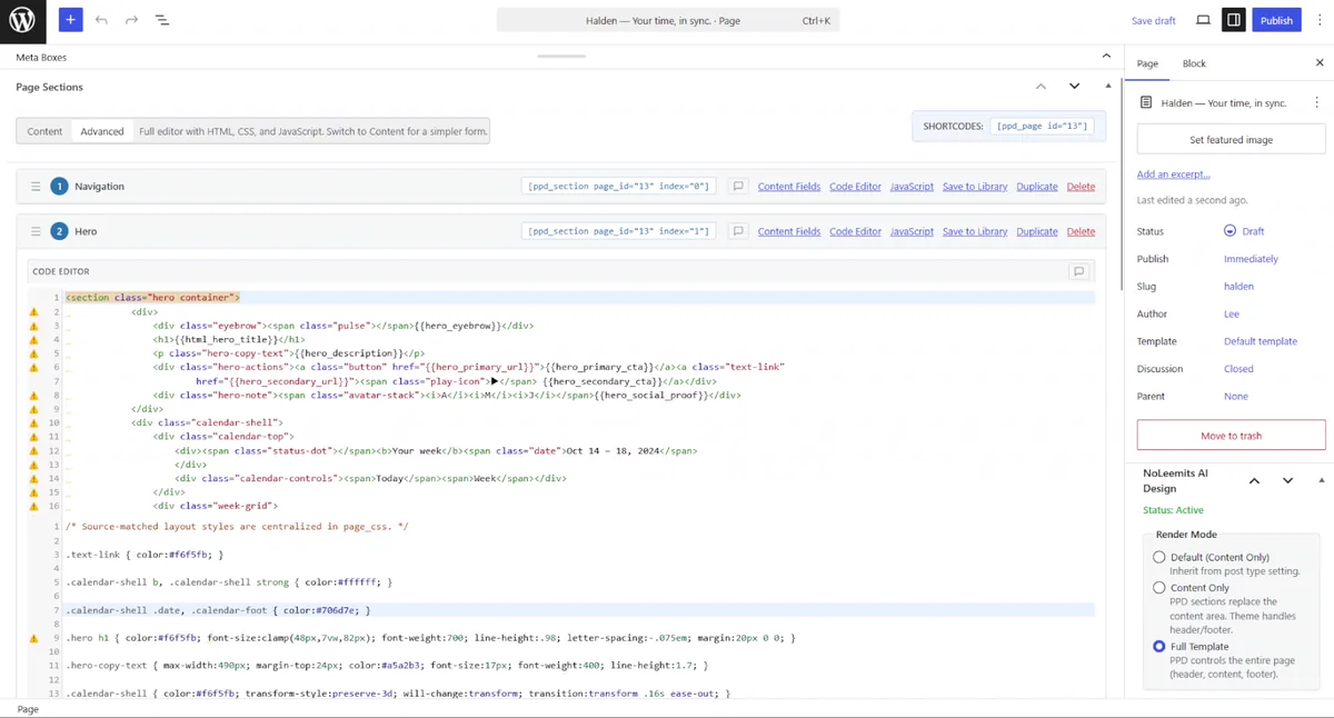The plugin's advanced mode with a section's code editor open on syntax-highlighted HTML, with separate CSS and JavaScript tabs