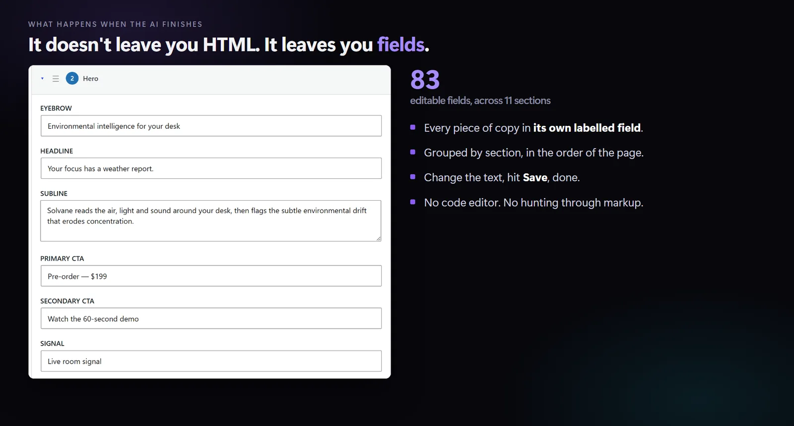 The Design Page editor showing the Hero section with labelled fields — Eyebrow, Headline, Subline, Primary CTA, Secondary CTA, Signal — each with its own text input
