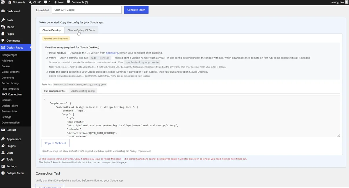The MCP Connection screen in the WordPress admin, with a generated token label and the client config ready to copy