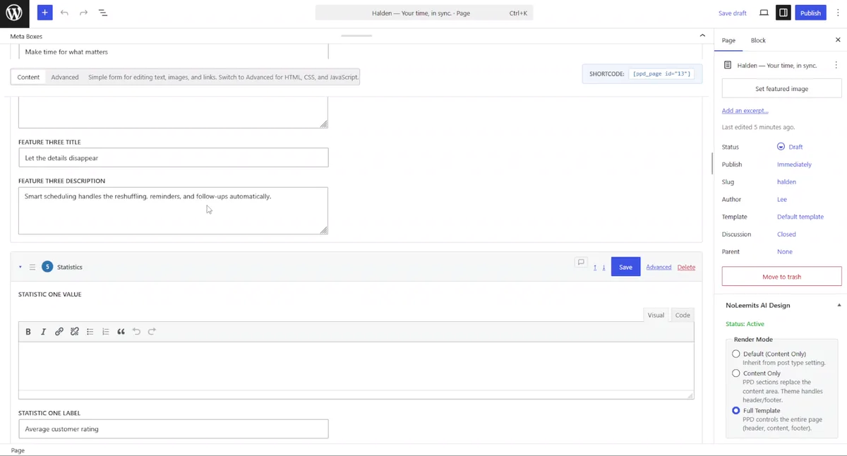 The WordPress editor with the plugin's meta boxes open, showing labelled inputs such as Feature Three Title and Statistic One Label