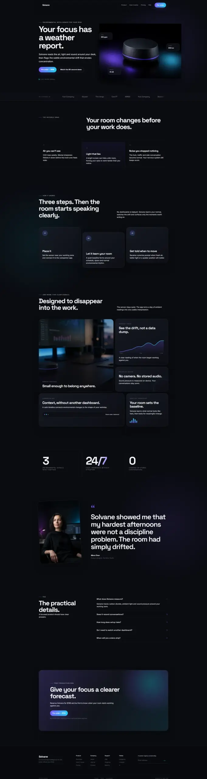 The complete eleven-section Solvane landing page from navigation to footer