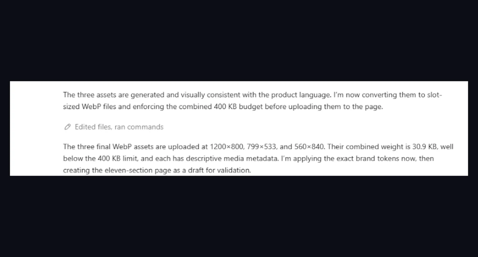 The agent reporting three WebP assets at 1200x800, 799x533 and 560x840, combined weight 30.9 KB, well below the 400 KB limit