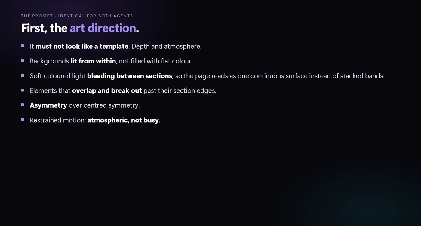 The art direction section of the prompt, listing depth, light bleeding between sections, overlapping elements and asymmetry