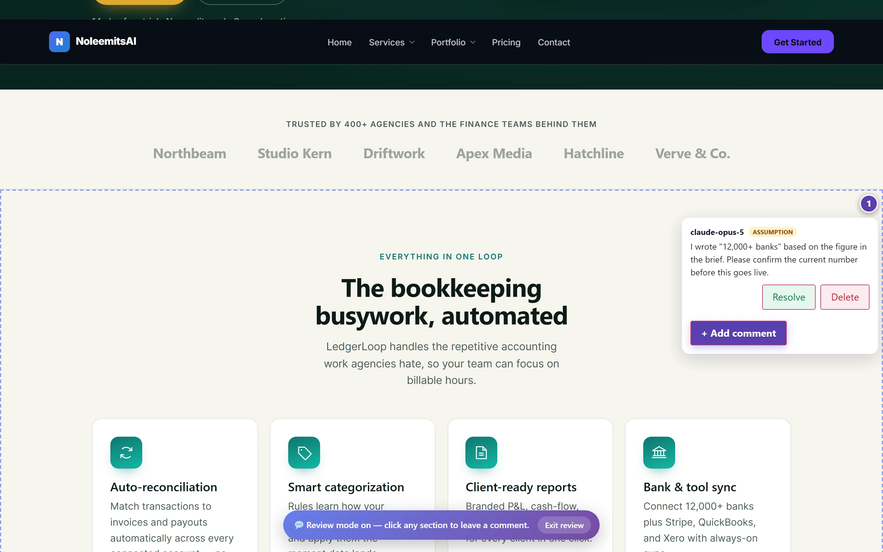 Front-end review mode on a live page with a numbered section marker and an open comment thread where the AI flagged an assumption
