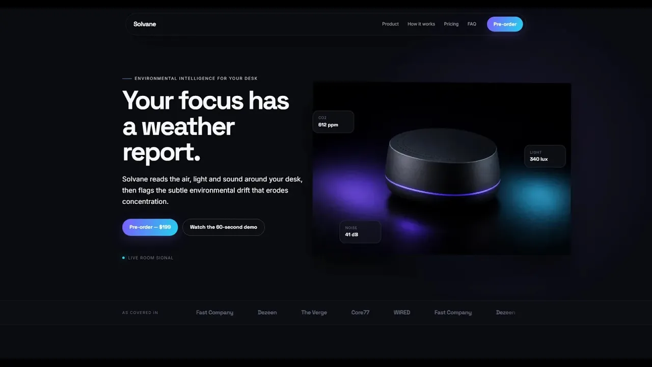 Video thumbnail: the finished Solvane landing page, headline Your focus has a weather report, beside a desk sensor with live readings